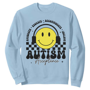 Autism Acceptance Sweatshirt Advocate Educate Accomodate Include Special Education TS02 Light Blue Print Your Wear
