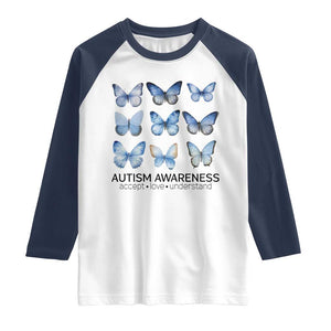 Autism Awareness Blue Butterflies Raglan Shirt Accept Love Understand TS02 White Navy Print Your Wear
