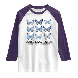 Autism Awareness Blue Butterflies Raglan Shirt Accept Love Understand TS02 White Purple Print Your Wear
