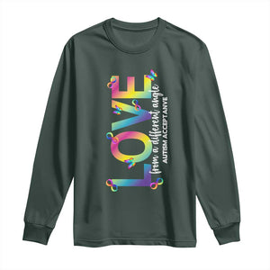 Autism Acceptance Long Sleeve Shirt Love From a Different Angle Rainbow Infinity TS02 Dark Forest Green Print Your Wear