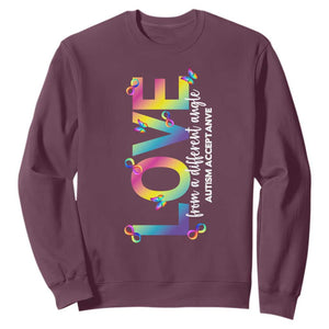 Autism Acceptance Sweatshirt Love From a Different Angle Rainbow Infinity TS02 Maroon Print Your Wear