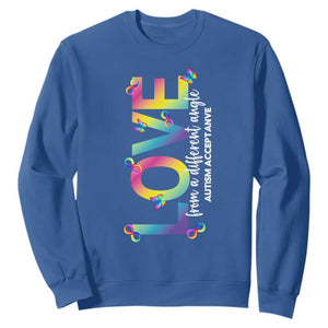 Autism Acceptance Sweatshirt Love From a Different Angle Rainbow Infinity TS02 Royal Blue Print Your Wear