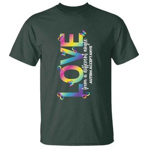Autism Acceptance T Shirt Love From a Different Angle Rainbow Infinity TS02 Dark Forest Green Print Your Wear