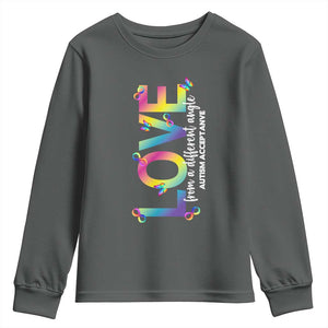 Autism Acceptance Youth Sweatshirt Love From a Different Angle Rainbow Infinity TS02 Dark Heather Print Your Wear