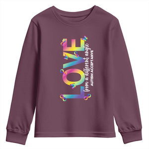 Autism Acceptance Youth Sweatshirt Love From a Different Angle Rainbow Infinity TS02 Maroon Print Your Wear