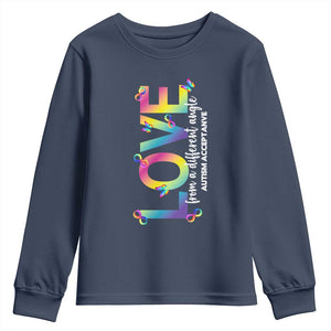 Autism Acceptance Youth Sweatshirt Love From a Different Angle Rainbow Infinity TS02 Navy Print Your Wear