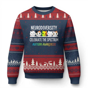 Cute Cats Autism Embrace Ugly Christmas Sweater Neurodiversity Celebrate The Spectrum TS02 Navy Red Print Your Wear
