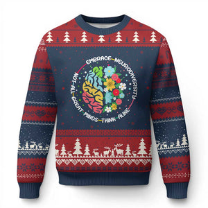 Embrace Neurodiversity Ugly Christmas Sweater Neurodiverse Brain Autism Awareness ADHD Autistic TS02 Navy Red Print Your Wear