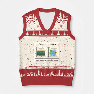 Funny Teacher Summer Break V-Neck Knit Sweater Vest First Teach Then Beach Vacation Mode TS02 Beige Red Print Your Wear