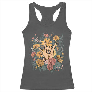 Special Education Racerback Tank Top Sign Language ASL Love Needs No Words TS02 Dark Heather Print Your Wear