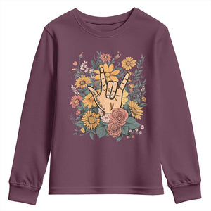 Special Education Youth Sweatshirt Sign Language ASL Love Needs No Words TS02 Maroon Print Your Wear
