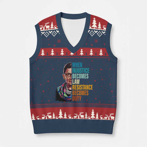 Inspirational RBG V-Neck Knit Sweater Vest When Injustice Becomes Law Resistance Becomes Duty TS02 Navy Red Print Your Wear