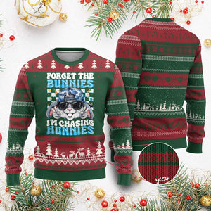 Funny Easter Bunny Forget the Bunnies I’m Chasing Hunnies Ugly Christmas Sweater Cool Rabbit with Sunglasses & Hat Humor TS02 Red Green Print Your Wear