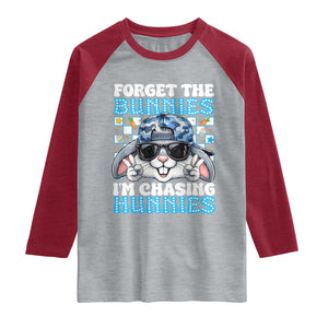Funny Easter Bunny Forget the Bunnies I’m Chasing Hunnies Raglan Shirt Cool Rabbit with Sunglasses & Hat Humor TS02 Heather Gray Heather Red Print Your Wear