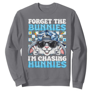 Funny Easter Bunny Forget the Bunnies I’m Chasing Hunnies Sweatshirt Cool Rabbit with Sunglasses & Hat Humor TS02 Charcoal Print Your Wear