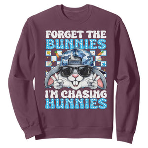 Funny Easter Bunny Forget the Bunnies I’m Chasing Hunnies Sweatshirt Cool Rabbit with Sunglasses & Hat Humor TS02 Maroon Print Your Wear