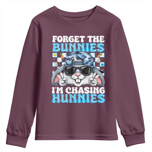 Funny Easter Bunny Forget the Bunnies I’m Chasing Hunnies Youth Sweatshirt Cool Rabbit with Sunglasses & Hat Humor TS02 Maroon Print Your Wear