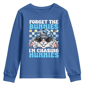 Funny Easter Bunny Forget the Bunnies I’m Chasing Hunnies Youth Sweatshirt Cool Rabbit with Sunglasses & Hat Humor TS02 Royal Blue Print Your Wear