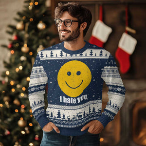 I Hate You Meme Distressed Smiling Face Ugly Christmas Sweater Dark Humor Sarcastic Funny Attitude TS02 Navy Beige Print Your Wear