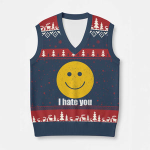 I Hate You Meme Distressed Smiling Face V-Neck Knit Sweater Vest Dark Humor Sarcastic Funny Attitude TS02 Navy Red Print Your Wear