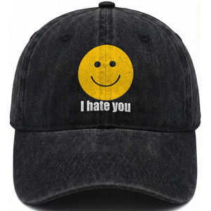 I Hate You Meme Distressed Smiling Face Washed Cotton Baseball Cap Dark Humor Sarcastic Funny Attitude