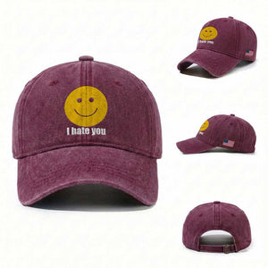 I Hate You Meme Distressed Smiling Face Washed Cotton Baseball Cap Dark Humor Sarcastic Funny Attitude