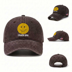 I Hate You Meme Distressed Smiling Face Washed Cotton Baseball Cap Dark Humor Sarcastic Funny Attitude