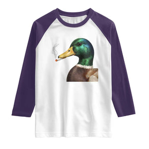 Smoking Mallard Meme Graphic Raglan Shirt Chaotic Funny Wild Duck Attitude Viral Internet Humor TS02 White Purple Print Your Wear