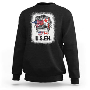 Funny American Canadan Bleached Sweatshirt US EH America Canada Flag Messy Bun TS02 Black Print Your Wear