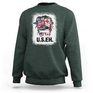 Funny American Canadan Bleached Sweatshirt US EH America Canada Flag Messy Bun TS02 Dark Forest Green Print Your Wear