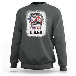 Funny American Canadan Bleached Sweatshirt US EH America Canada Flag Messy Bun TS02 Dark Heather Print Your Wear