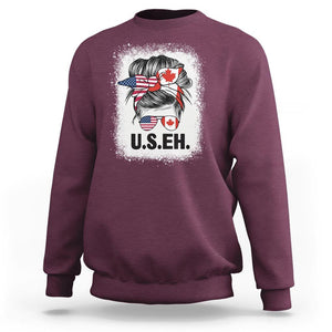 Funny American Canadan Bleached Sweatshirt US EH America Canada Flag Messy Bun TS02 Maroon Print Your Wear