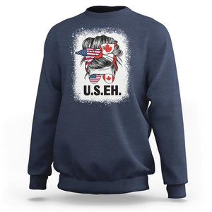 Funny American Canadan Bleached Sweatshirt US EH America Canada Flag Messy Bun TS02 Navy Print Your Wear