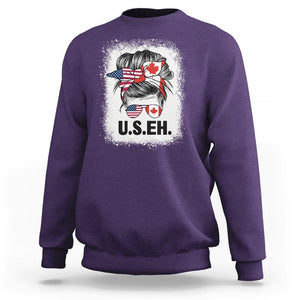 Funny American Canadan Bleached Sweatshirt US EH America Canada Flag Messy Bun TS02 Purple Print Your Wear