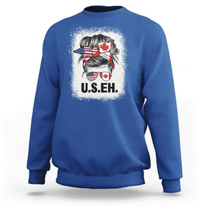Funny American Canadan Bleached Sweatshirt US EH America Canada Flag Messy Bun TS02 Royal Blue Print Your Wear