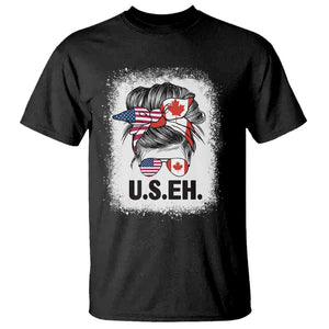Funny American Canadan Bleached T Shirt US EH America Canada Flag Messy Bun TS02 Black Print Your Wear