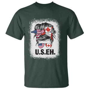 Funny American Canadan Bleached T Shirt US EH America Canada Flag Messy Bun TS02 Dark Forest Green Print Your Wear