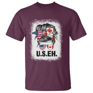 Funny American Canadan Bleached T Shirt US EH America Canada Flag Messy Bun TS02 Maroon Print Your Wear