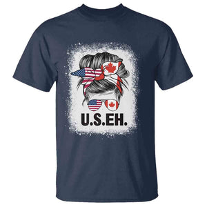 Funny American Canadan Bleached T Shirt US EH America Canada Flag Messy Bun TS02 Navy Print Your Wear