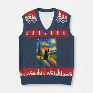 Whimsical Black Cat Pride Flag V-Neck Knit Sweater Vest Colorful LGBTQ Rainbow TS02 Navy Red Print Your Wear