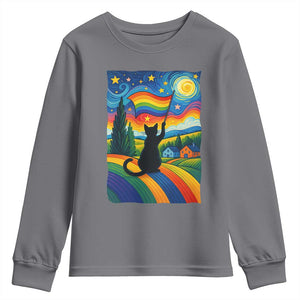 Whimsical Black Cat Pride Flag Youth Sweatshirt Colorful LGBTQ Rainbow TS02 Charcoal Print Your Wear