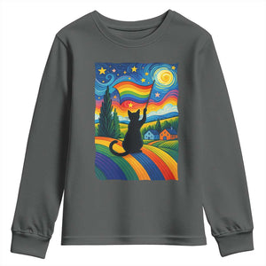 Whimsical Black Cat Pride Flag Youth Sweatshirt Colorful LGBTQ Rainbow TS02 Dark Heather Print Your Wear