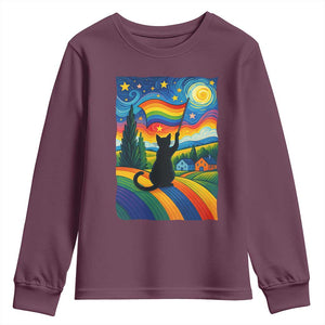 Whimsical Black Cat Pride Flag Youth Sweatshirt Colorful LGBTQ Rainbow TS02 Maroon Print Your Wear