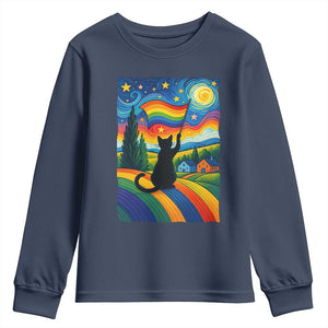 Whimsical Black Cat Pride Flag Youth Sweatshirt Colorful LGBTQ Rainbow TS02 Navy Print Your Wear