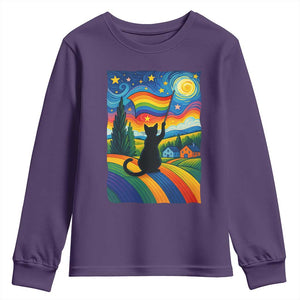 Whimsical Black Cat Pride Flag Youth Sweatshirt Colorful LGBTQ Rainbow TS02 Purple Print Your Wear