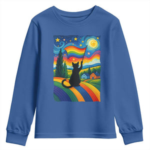 Whimsical Black Cat Pride Flag Youth Sweatshirt Colorful LGBTQ Rainbow TS02 Royal Blue Print Your Wear