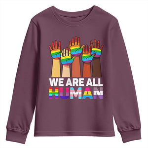We Are All Human Rainbow Hands Youth Sweatshirt LGBTQ+ Unity Equality Pride Month TS02 Maroon Print Your Wear