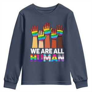 We Are All Human Rainbow Hands Youth Sweatshirt LGBTQ+ Unity Equality Pride Month TS02 Navy Print Your Wear