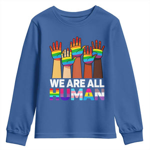 We Are All Human Rainbow Hands Youth Sweatshirt LGBTQ+ Unity Equality Pride Month TS02 Royal Blue Print Your Wear
