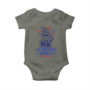 Rejecting Kings Since 1776 Baby Onesie Vintage Patriotic Ship 4th Of July Fireworks TS02 Military Green Print Your Wear
